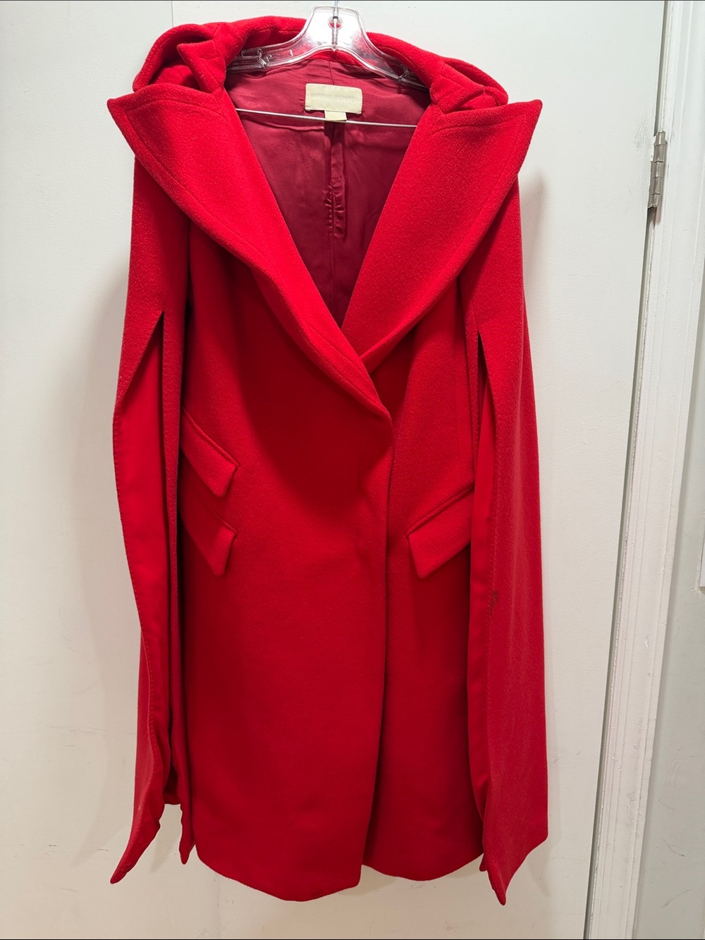 Red Hooded Cape Coat with Flap Pockets